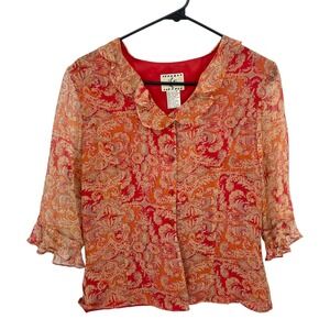 Boho Paisley Silk Ruffle Blouse Medium Red Orange Cottagecore Fairycore Y2K
